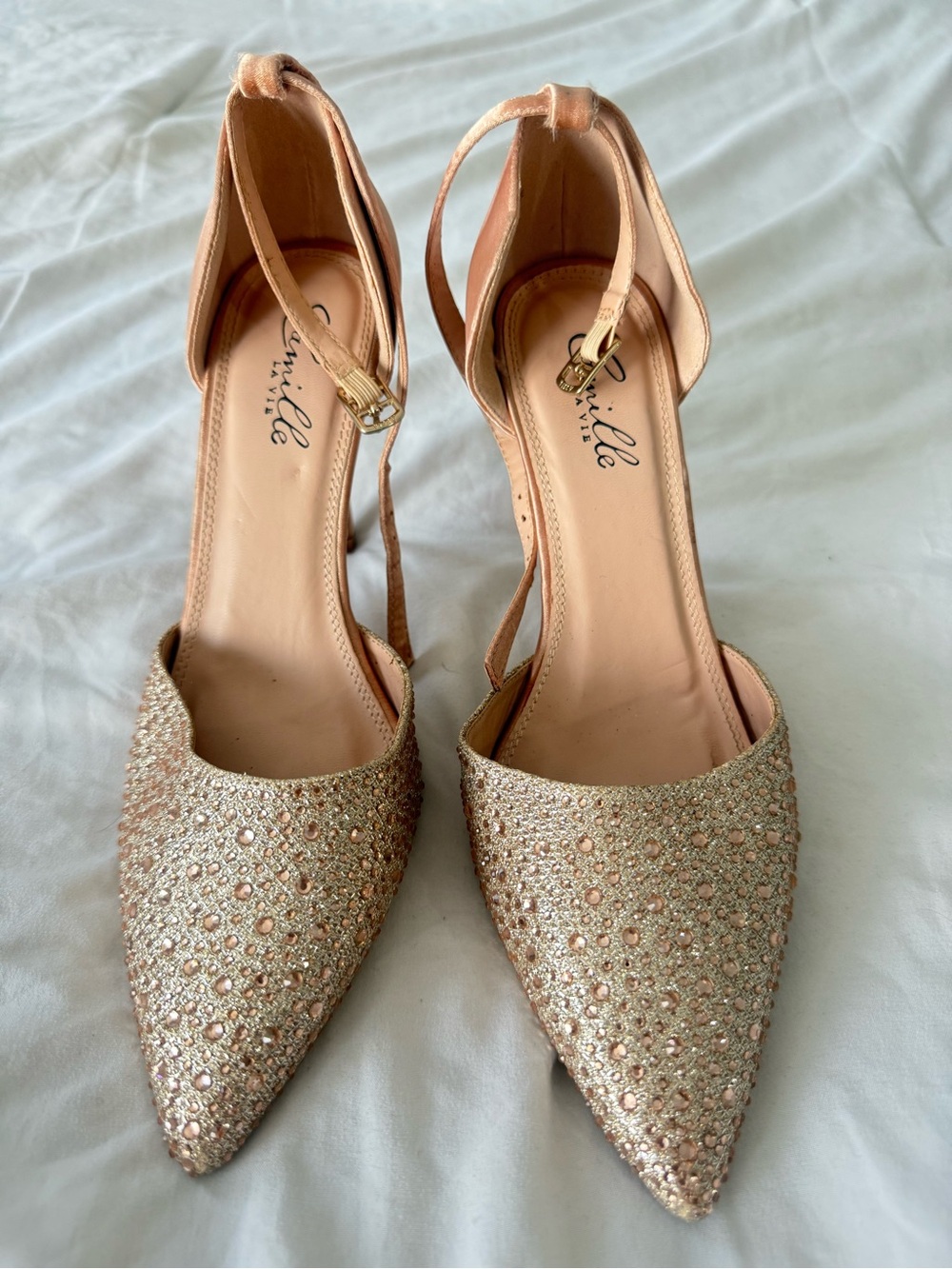 Sparkling Gold Pointed-Toe Ankle-Strap Pumps